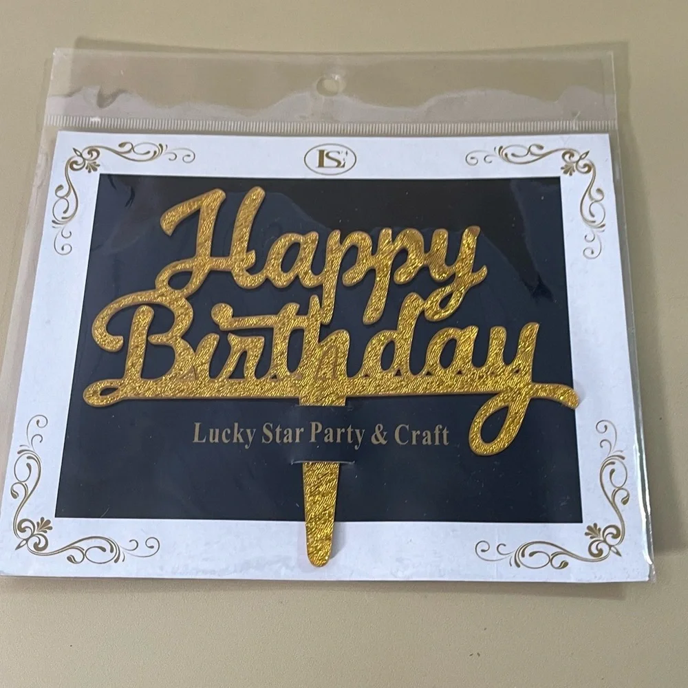 NWT Happy Birthday CursiveGold Sparkle Acrylic Cake Topper